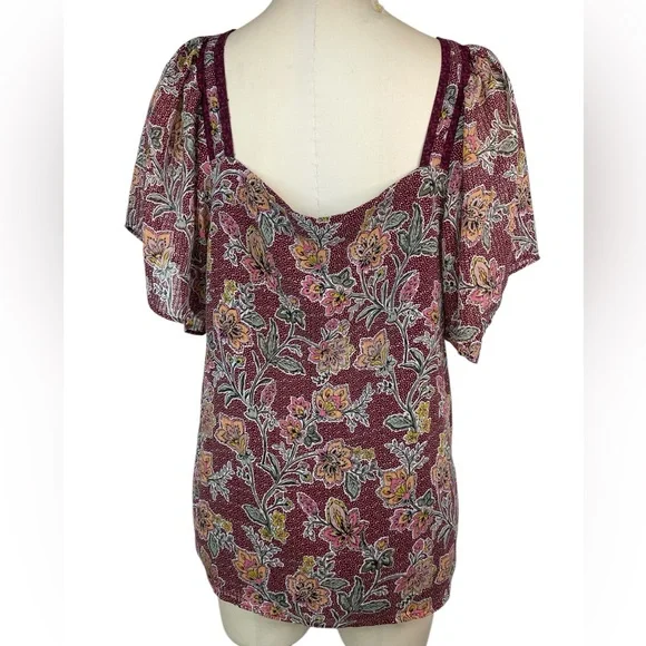 Loft Short Sleeve Lined Floral Burgundy Women's Top XL - Picture 2 of 4